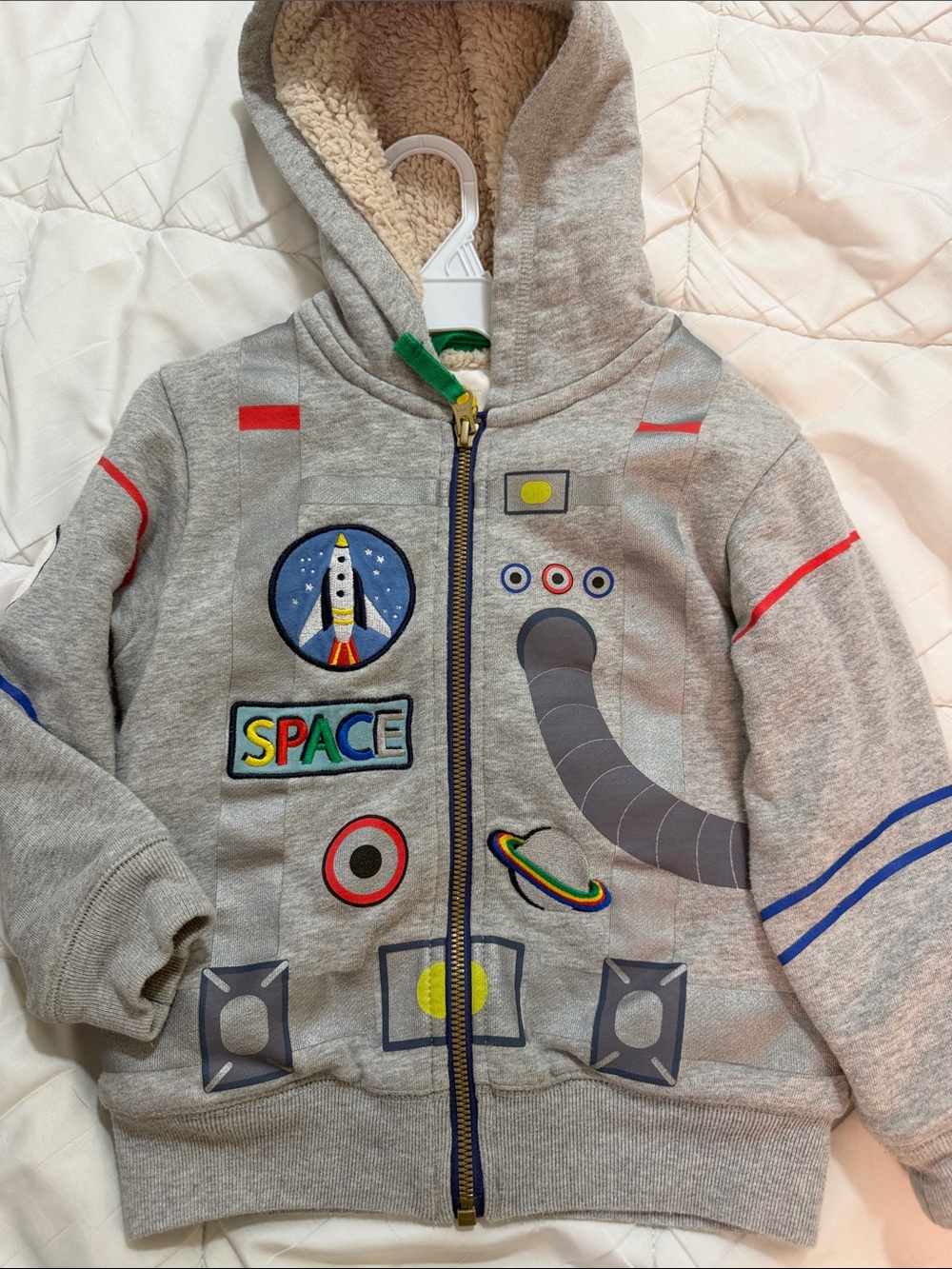 MINI BODEN Toddler Boy Gray Astronaut Space Suit Fleece Lined Zip Hoodie 2-3Y